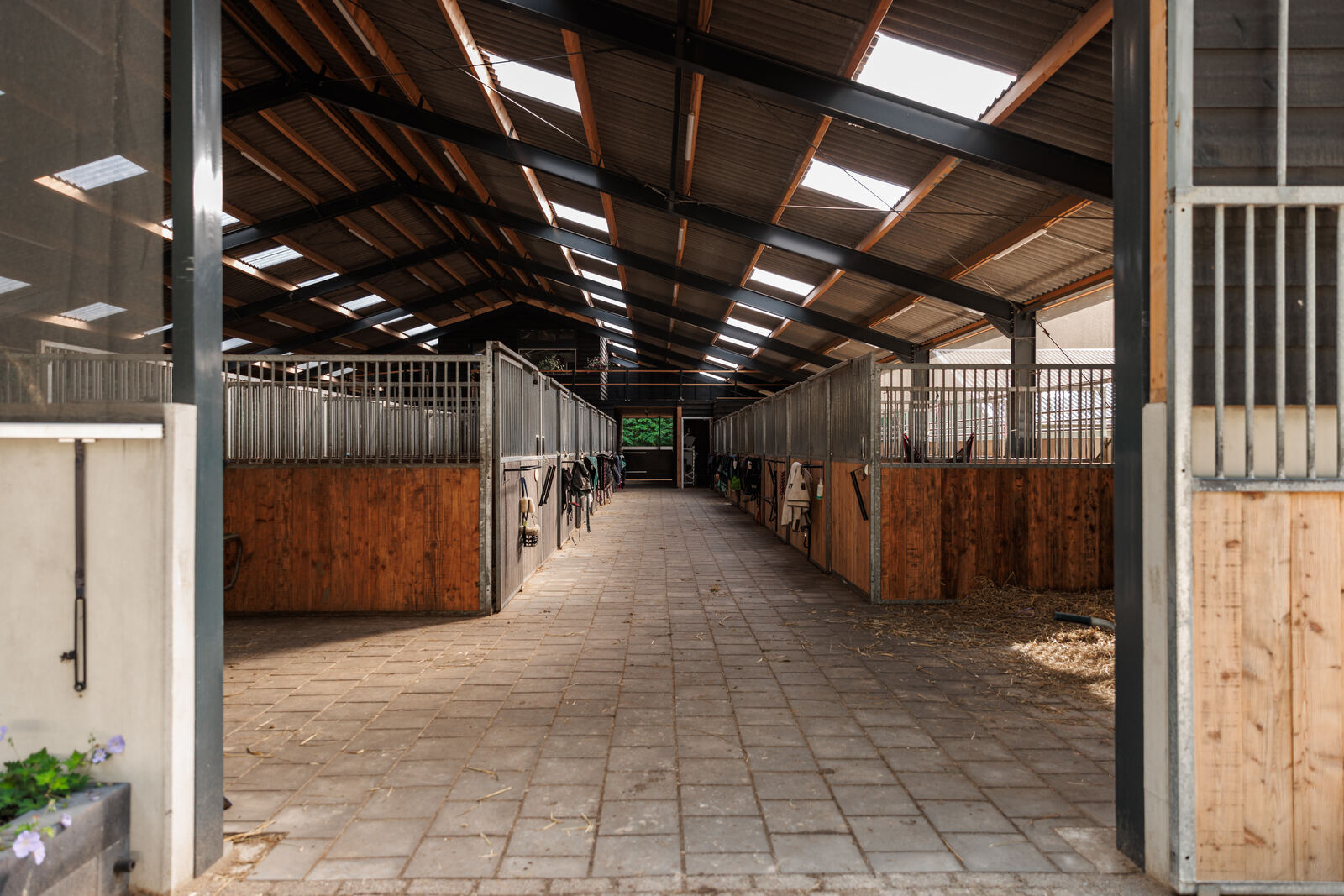 Totaaltuin Arnhem - Bestrating Impressie Gang van een paardenstal met klinkerbestrating en houten boxen, sfeerbeeld bestrating Totaaltuin Arnhem